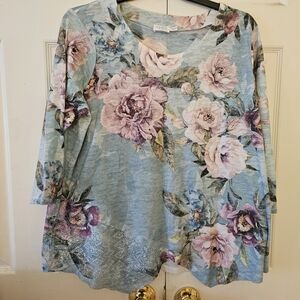 Time and Tru Blue and Pink Floral Blouse XXXL with Lace and Rhinstones.